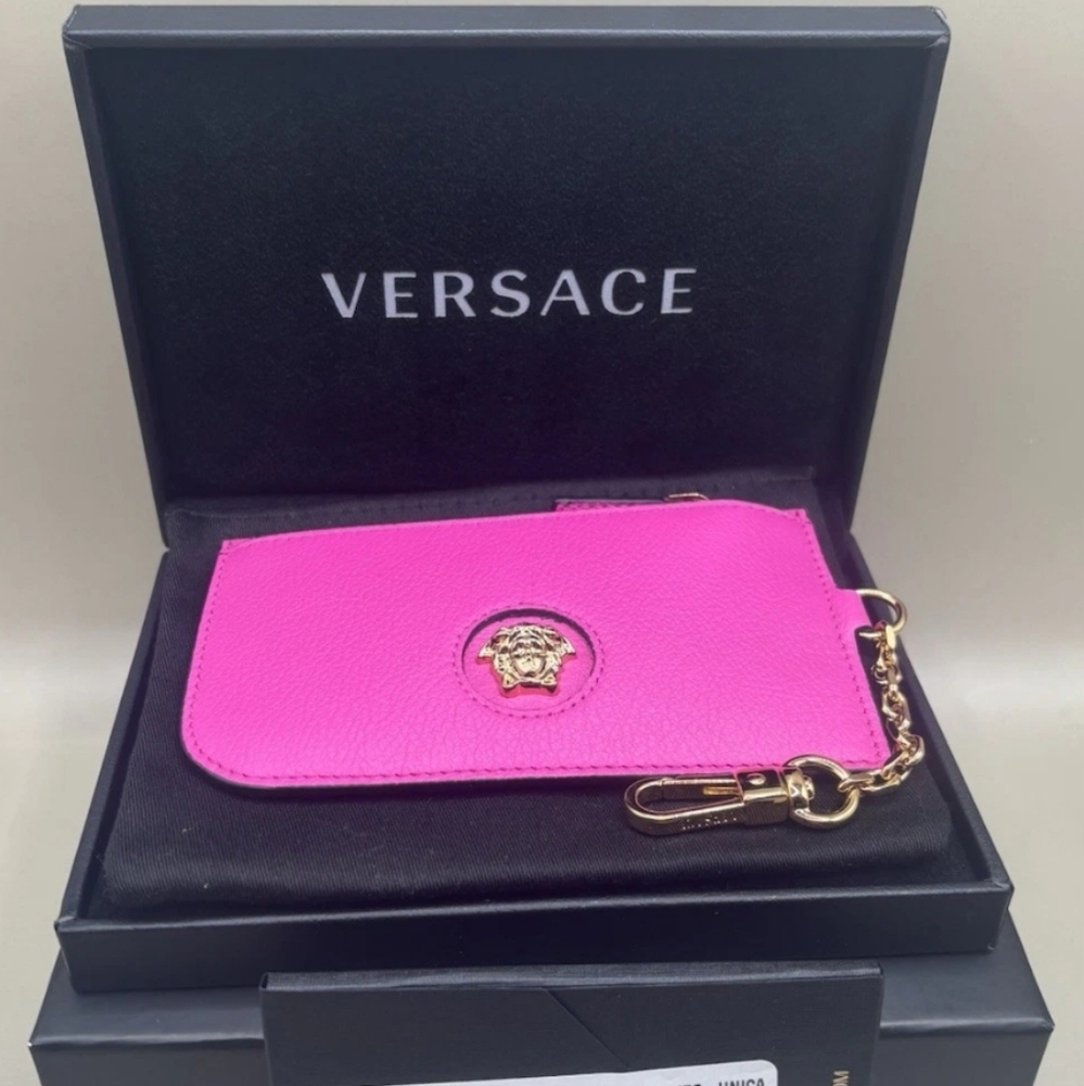 VERSACE Pink Quilted Leather MEDUSA LOGO Card CASE WALLET KEY CHAIN/BRAND NEW